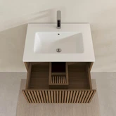 Meuble Salle de Bains YUKI 60 - 2 Tiroirs Décor Chêne et Noir - Vasque Blanche - Miroir LED Ø60