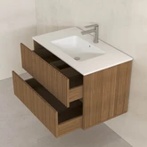 Meuble Salle de Bains YUKI 80 - 2 Tiroirs Décor Chêne et Noir - Vasque Blanche - Miroir LED Ø70