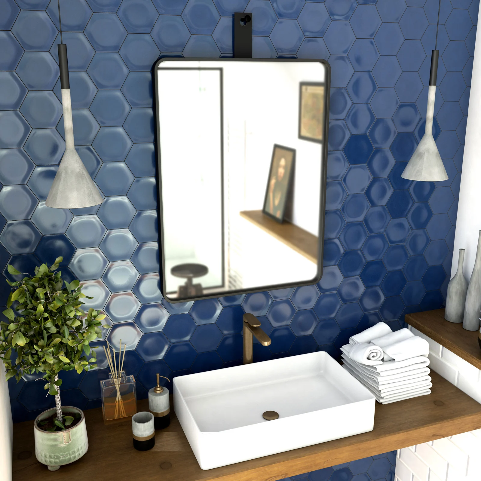 Miroir salle de bain 60x80cm suspendu noir mat - avec lanière effet cuir noir - NORDIK REKTANGEL Miroir salle de bain 60x80cm suspendu noir mat - avec lanière effet cuir noir - NORDIK REKTANGEL