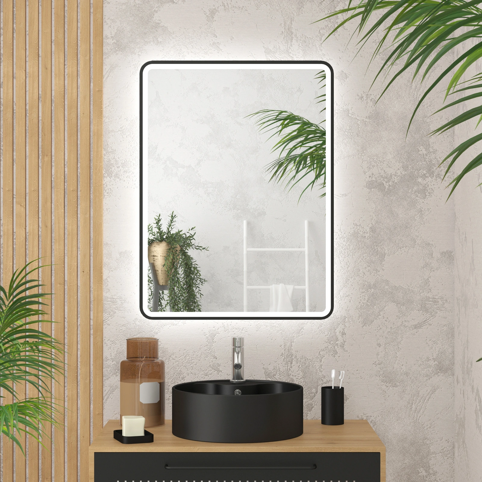 Miroir de salle de bains Ella rectangulaire de 48 po avec lumière DEL par  Sera, noir MR48LEDMBF