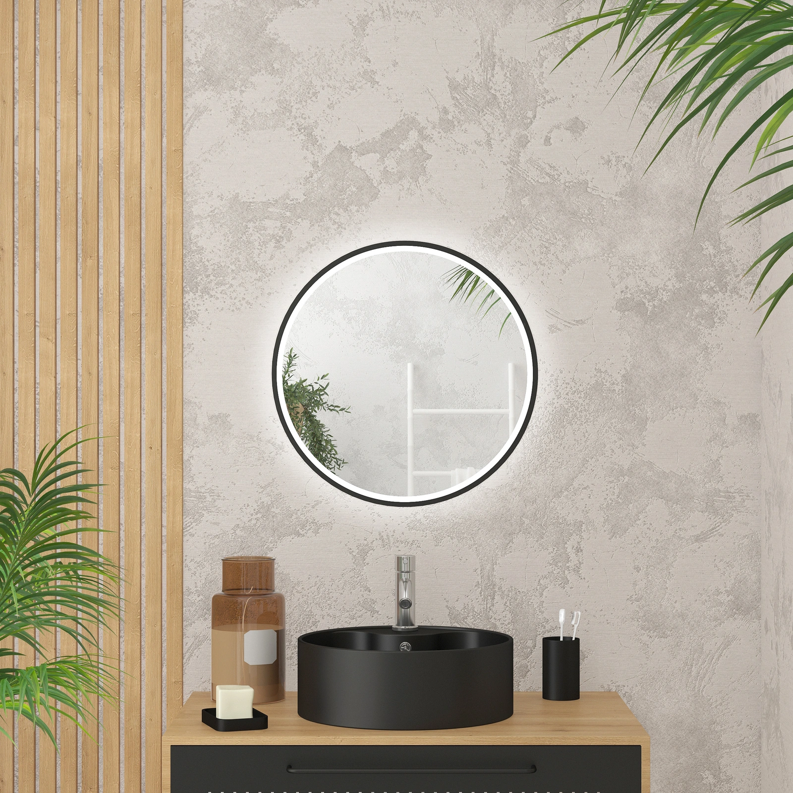 Miroir salle de bain ROND avec éclairage LED et contour noir - Ø50cm - GO BLACK LED