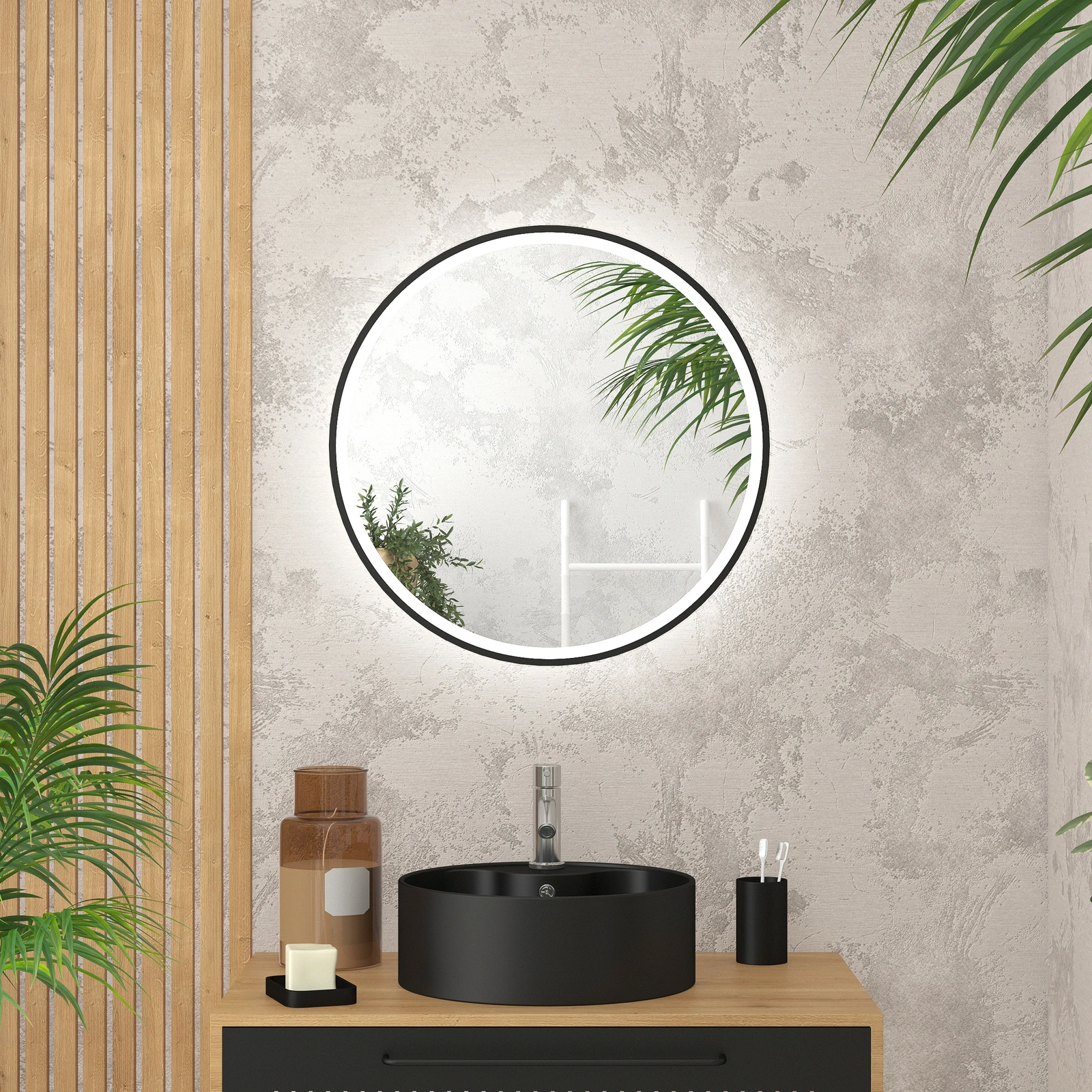 Miroir salle de bain ROND avec éclairage LED et contour noir - Ø60cm - GO  BLACK LED - Aurlane