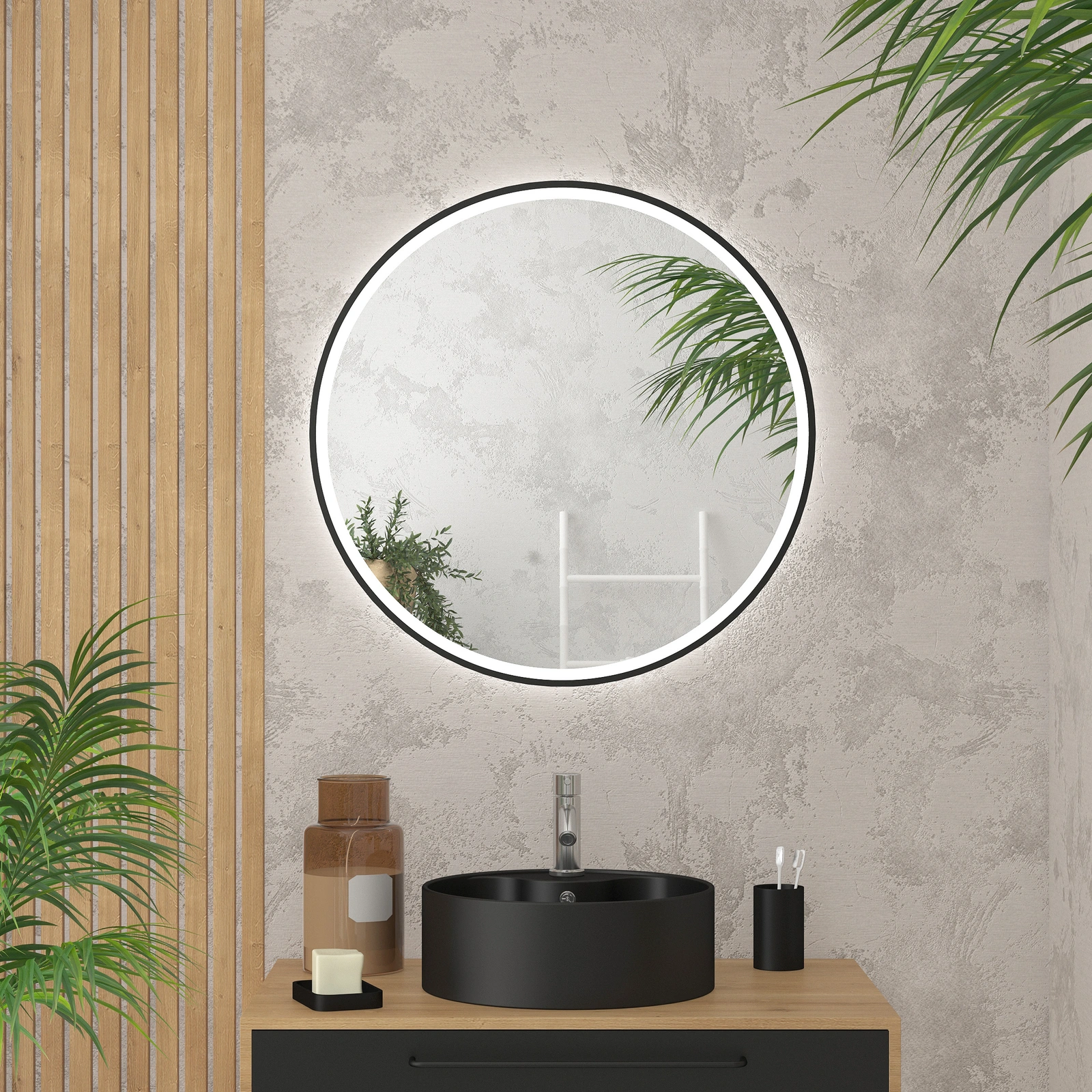 Miroir salle de bain ROND avec éclairage LED et contour noir - Ø70cm - GO  BLACK LED - Aurlane