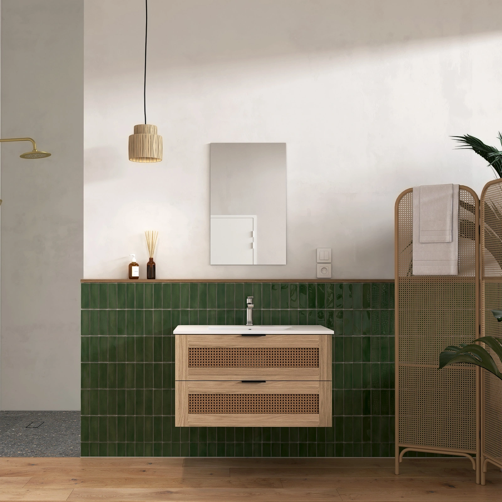 ONE BOX AMBROISE CANE 60 FSC + CERAMIC BASIN 60 + MIRROR 51x44 / ONE BOX AMBROISE CANNAGE 60 FSC + VASQUE CERAMIQUE 60 + MIROIR 51x44