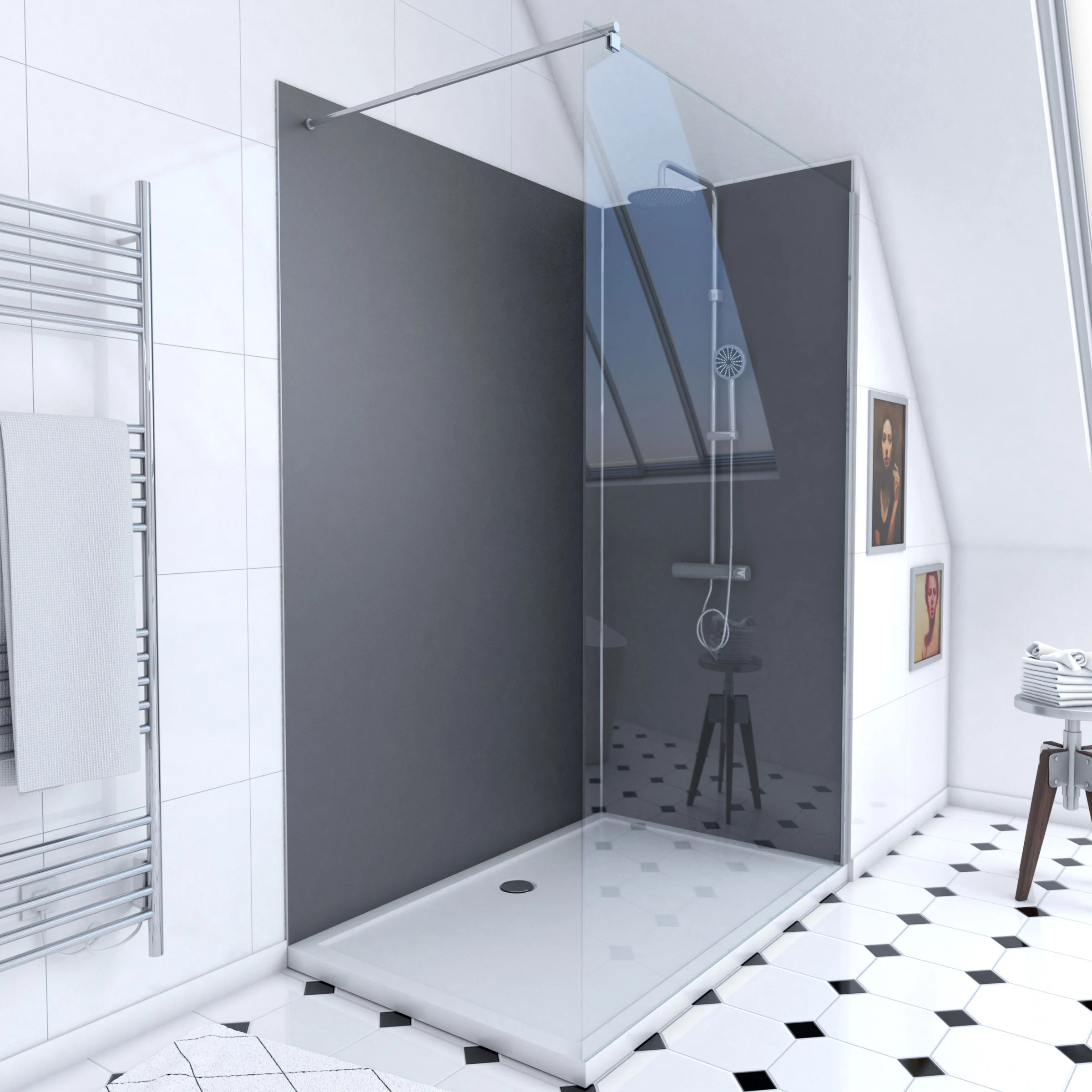 Pack Douche a l'Italienne 90x120 - Kit Panneaux Muraux Gris/Chrome + Receveur + Paroi 6 mm