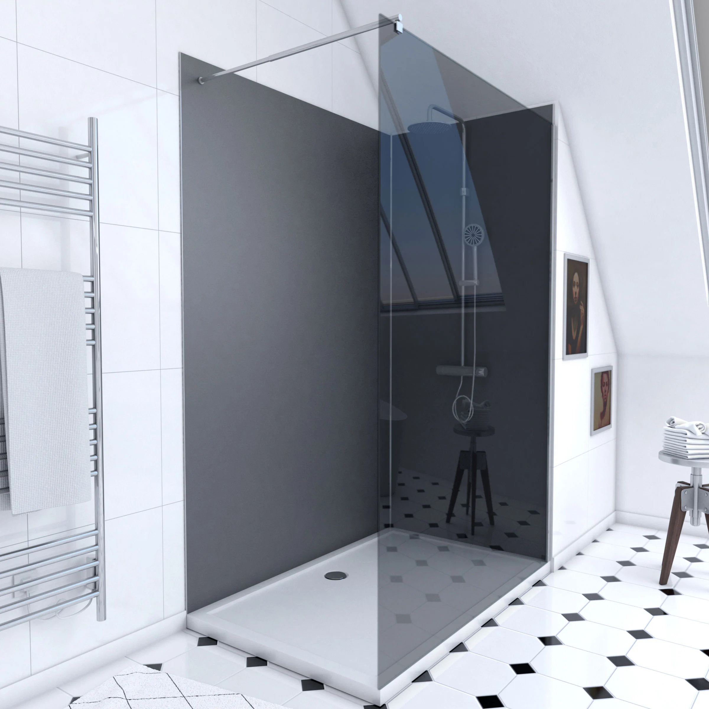 Pack Douche a l'Italienne 90x120 - Kit Panneaux Muraux Gris/Chrome + Receveur + Paroi Fumee 8 mm