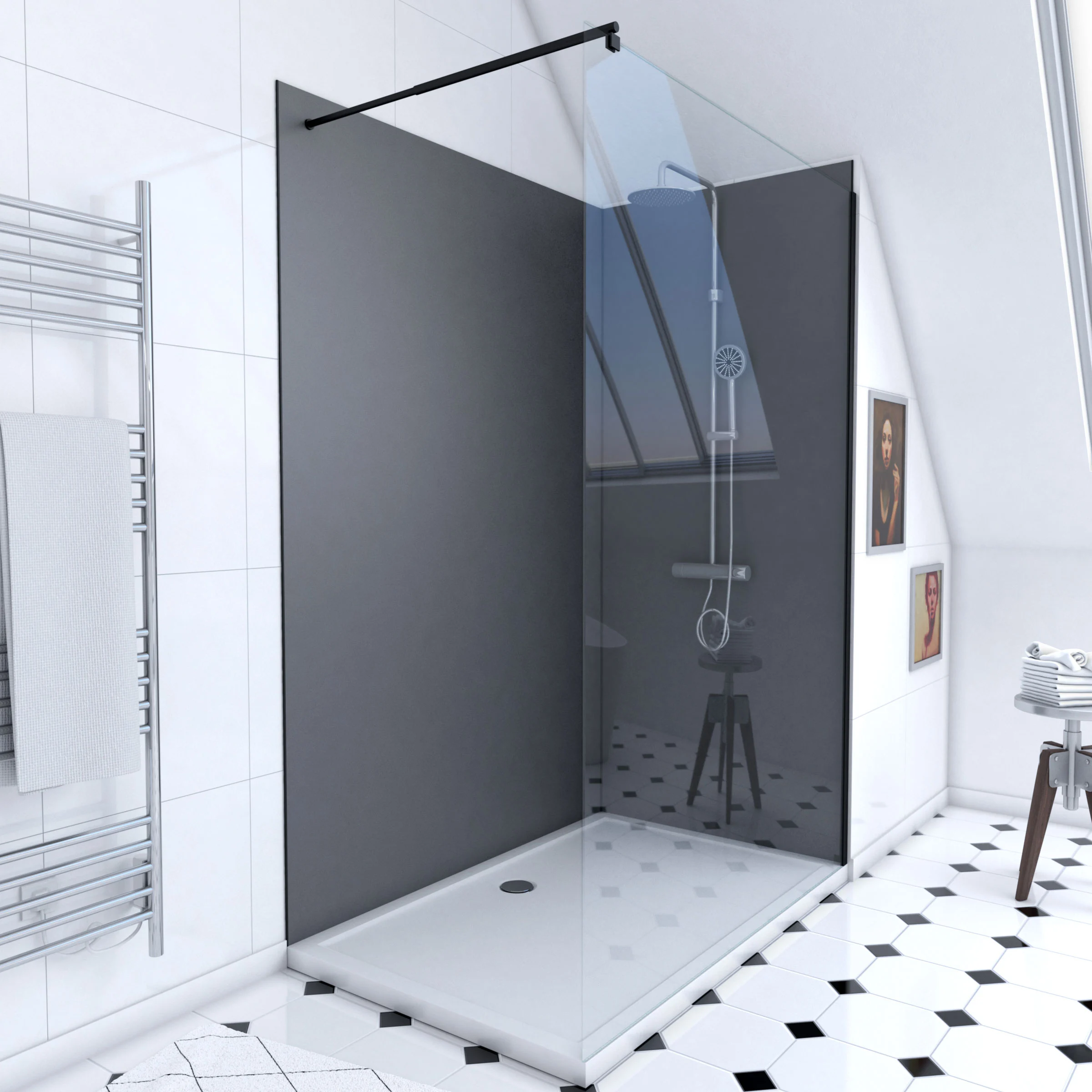 Pack Douche a l'Italienne 90x120 - Kit Panneaux Muraux Gris/Noir + Receveur + Paroi Transparente