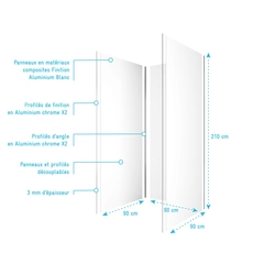 Pack 3 Panneaux Muraux en Aluminium Blanc de 90x210 cm avec Profilés de Finitions et d'Angles Chrome