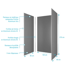 Pack 3 Panneaux Muraux en Aluminium Gris 90/120/90 x 210cm avec Profilés Finitions et Angles Chrome