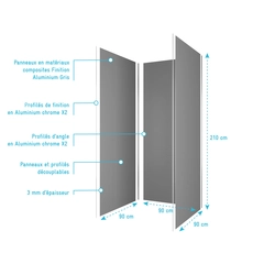 Pack 3 Panneaux Muraux en Aluminium Gris de 90x210 cm avec Profilés de Finitions et d'Angles Chrome