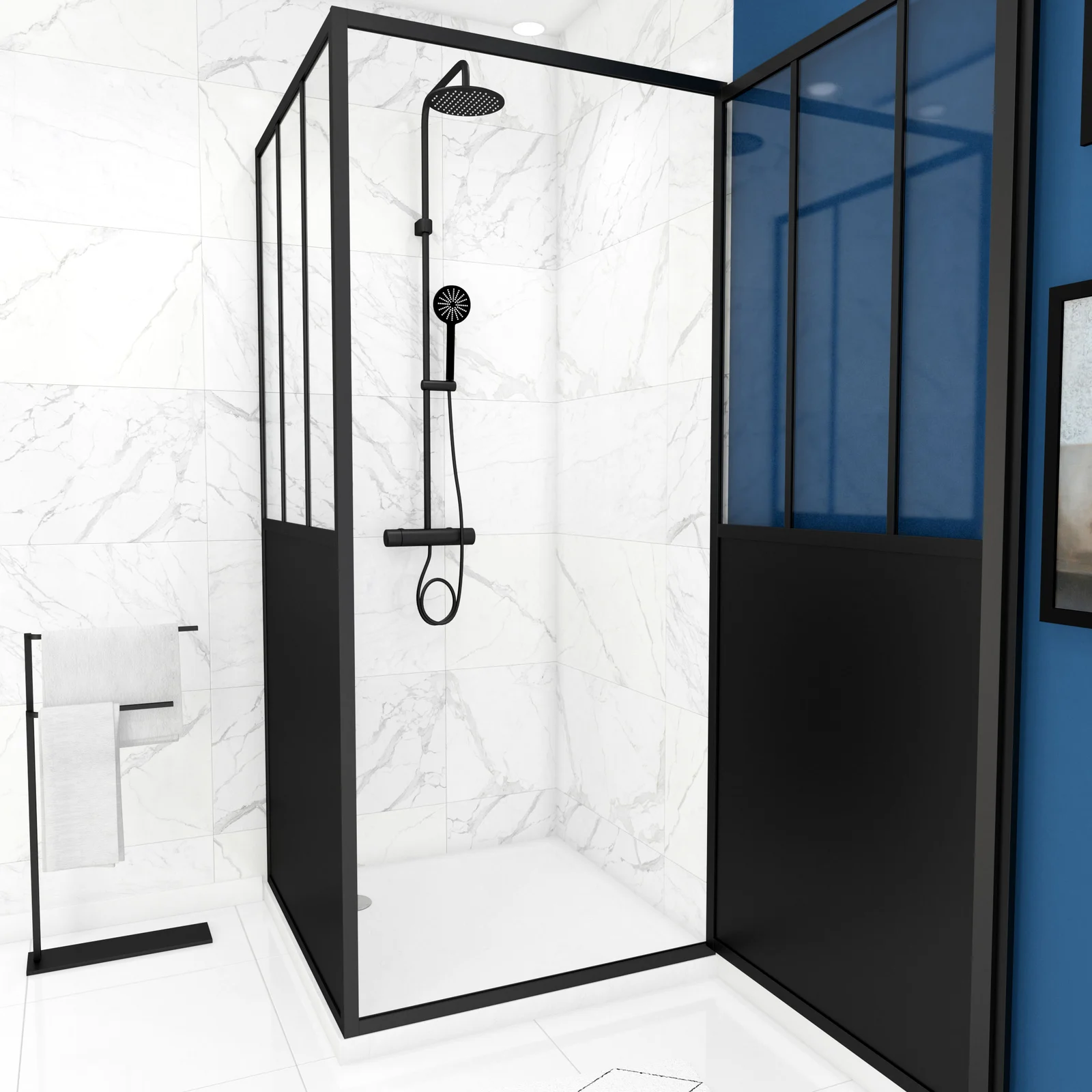 Pack complet Paroi porte de douche pivotante et paroi de retour type atelier et receveur blanc Pack complet Paroi porte de douche pivotante et paroi de retour type atelier et receveur blanc