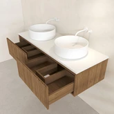 PACK FUJI CAISSON 120 + PLAN 120 BLANC CASSE + 2 VASQUES RONDES DIAM. 36 BLANCHES + 2 MIROIRS START LED CIRCLE 50