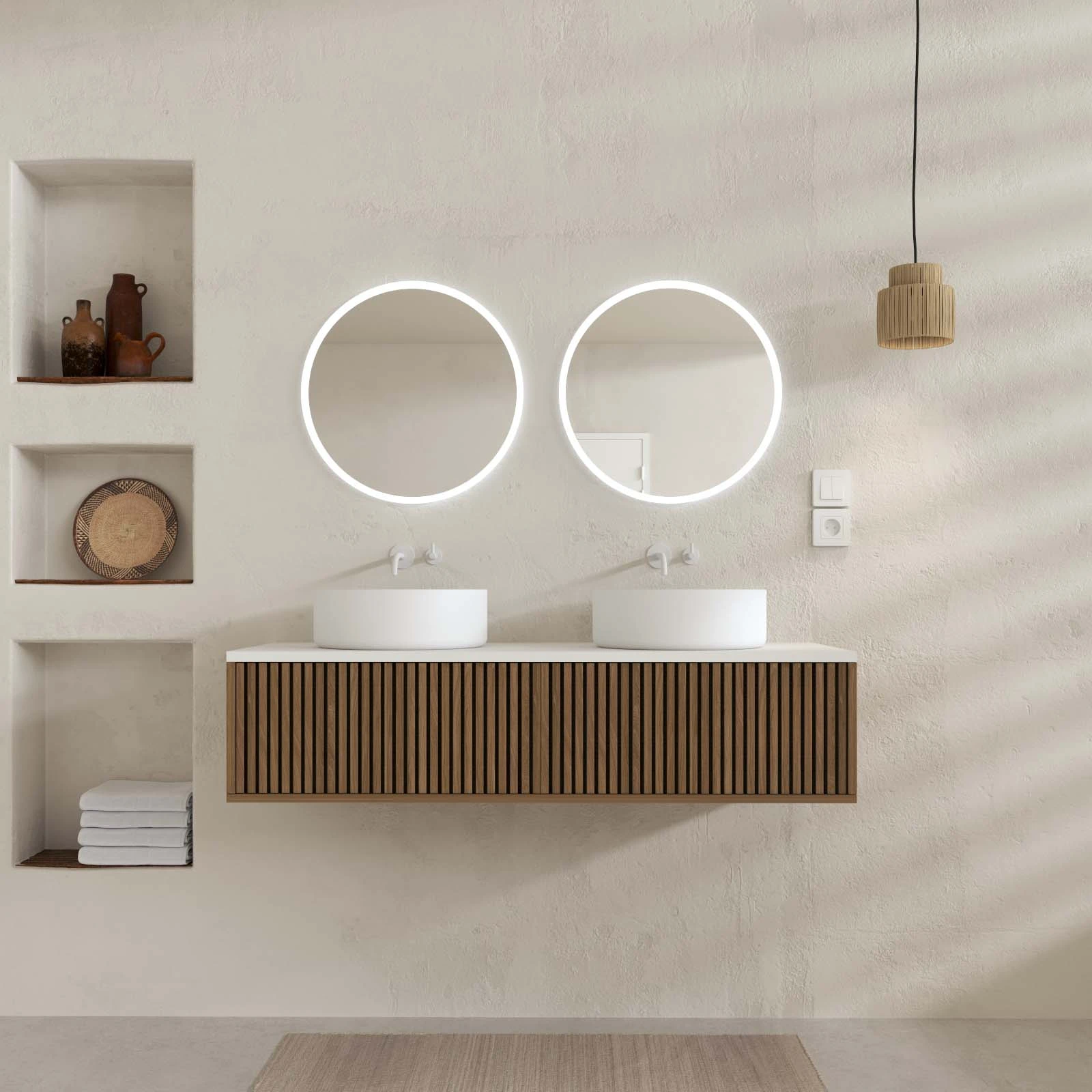 PACK FUJI CAISSON 120 + PLAN 120 BLANC CASSE + 2 VASQUES RONDES DIAM. 36 BLANCHES + 2 MIROIRS START LED CIRCLE 50 PACK FUJI CAISSON 120 + PLAN 120 BLANC CASSE + 2 VASQUES RONDES DIAM. 36 BLANCHES + 2 MIROIRS START LED CIRCLE 50