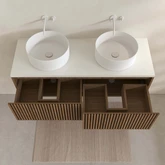 PACK FUJI CAISSON 120 + PLAN 120 BLANC CASSE + 2 VASQUES RONDES DIAM. 36 BLANCHES + 2 MIROIRS COCOON 50x80