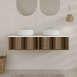 PACK FUJI CAISSON 120 + PLAN DE TOILETTE 120 BLANC CASSE + 2 VASQUES A POSER RONDES 36cm BLANC MAT