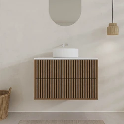 PACK FUJI CAISSON 60 + PLAN DE TOILETTE 60 BLANC CASSE + VASQUE A POSER RONDE 36cm BLANC MAT