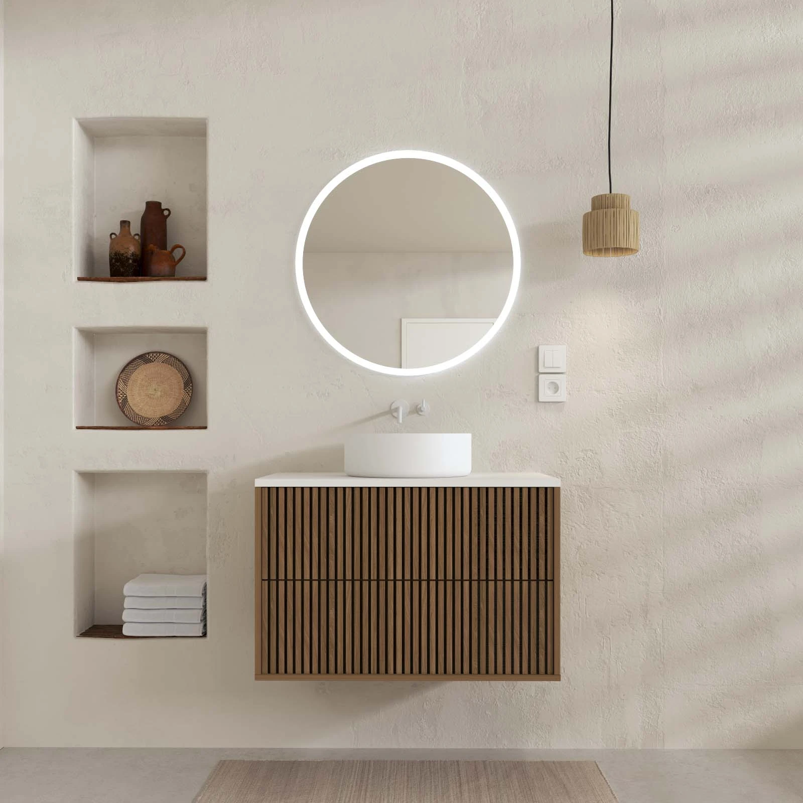 PACK FUJI CAISSON 80 + PLAN 80 BLANC CASSE + VASQUE RONDE DIAM. 36 BLANCHE + MIROIR START LED CIRCLE 70 PACK FUJI CAISSON 80 + PLAN 80 BLANC CASSE + VASQUE RONDE DIAM. 36 BLANCHE + MIROIR START LED CIRCLE 70