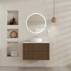 PACK FUJI CAISSON 80 + PLAN 80 BLANC CASSE + VASQUE RONDE DIAM. 36 BLANCHE + MIROIR START LED CIRCLE 70