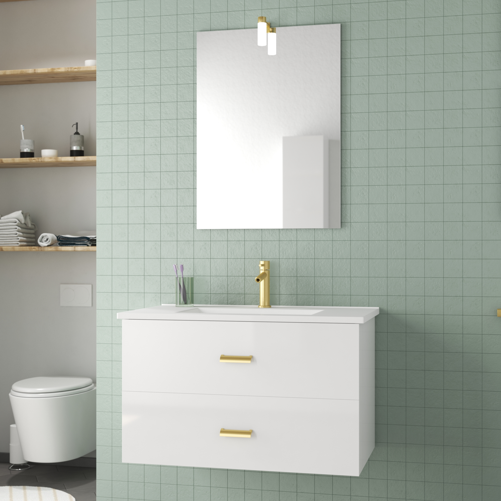 PACK LIFT BLANC POIGNEES GOLD + VASQUE CERAMIQUE 80 + MIROIR 77x55 APPLIQUE LED OR BROSSE