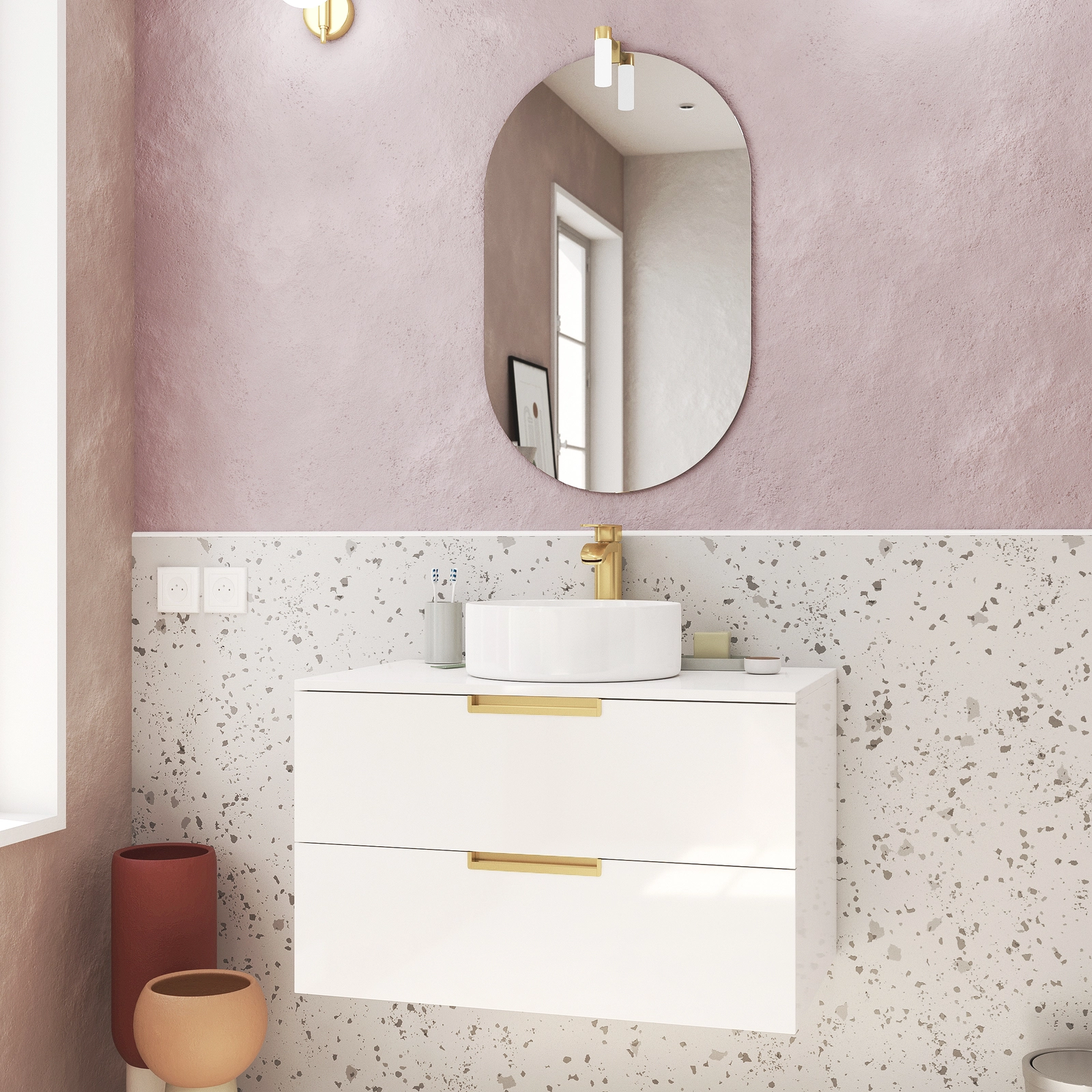 PACK LOFTY GOLD 80 BLANC / VASQUE RONDE BLANCHE DIAMETRE 36 / MIROIR COCOON OVAL50x80 / APPLIQUE LED GOLD