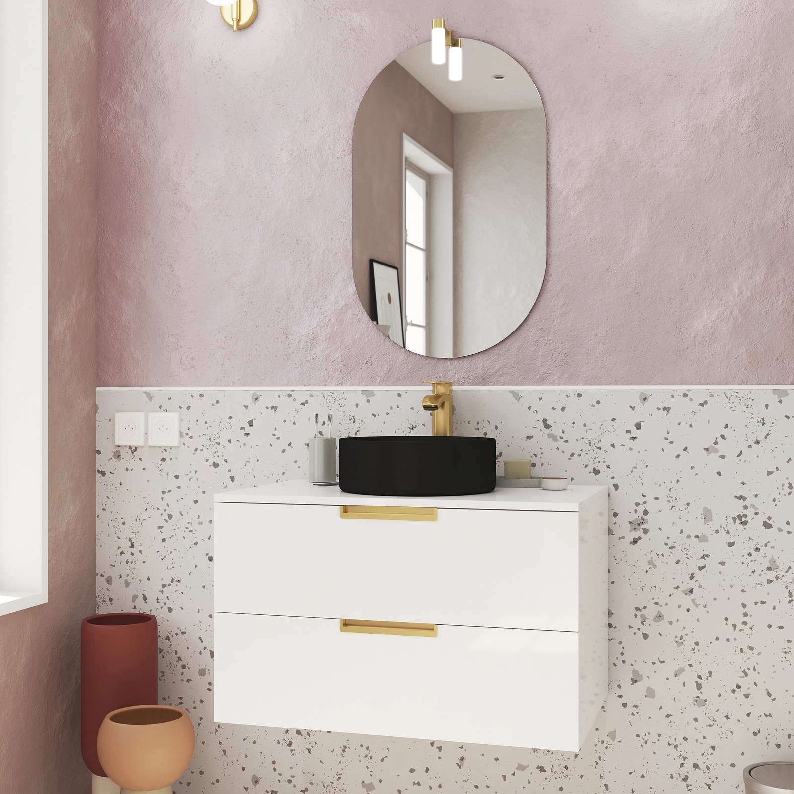 PACK LOFTY GOLD 80 BLANC / VASQUE RONDE NOIRE DIAMETRE 36 / MIROIR COCOON OVAL50x80 / APPLIQUE LED GOLD PACK LOFTY GOLD 80 BLANC / VASQUE RONDE NOIRE DIAMETRE 36 / MIROIR COCOON OVAL50x80 / APPLIQUE LED GOLD