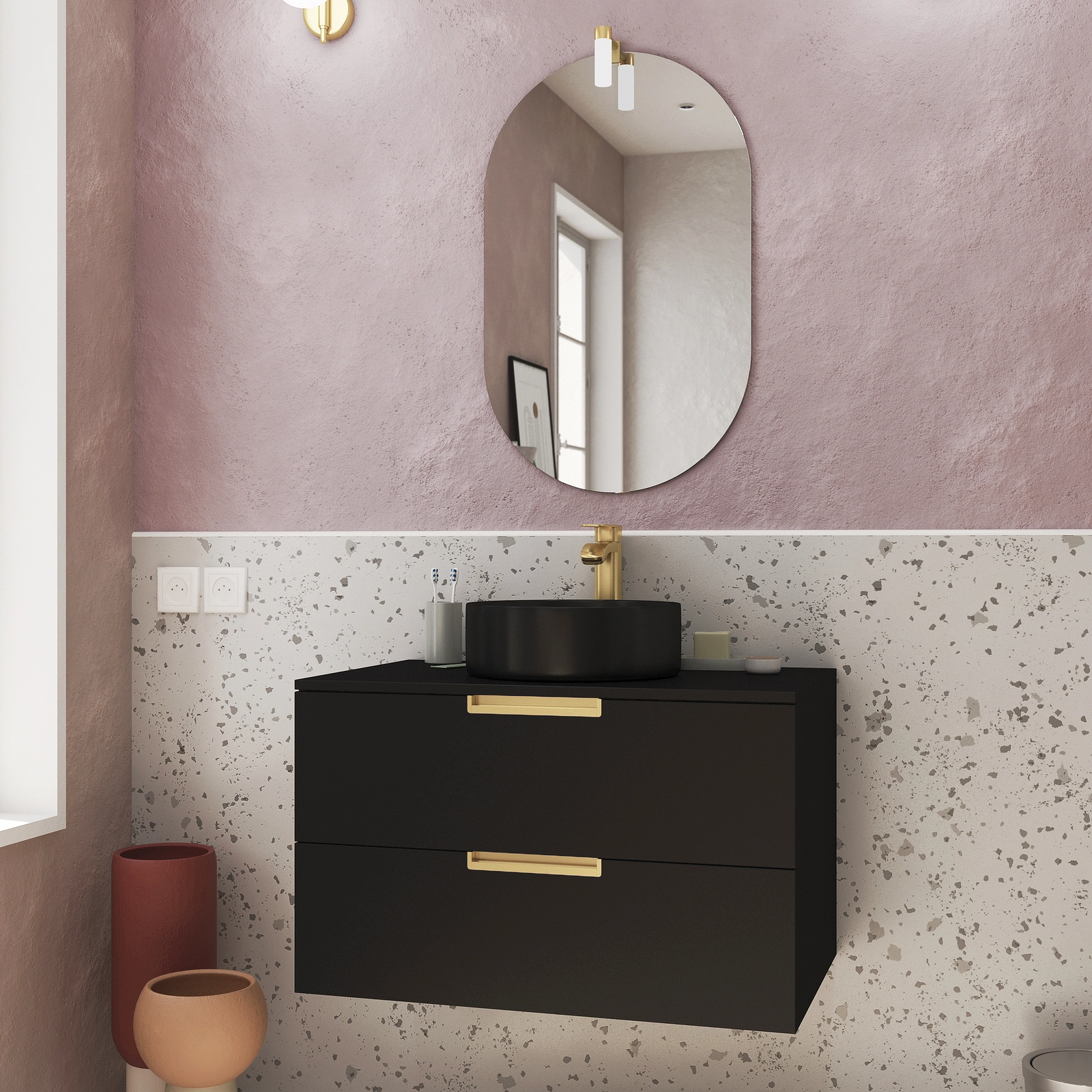 PACK LOFTY GOLD 80 NOIR / VASQUE RONDE NOIRE DIAMETRE 36 / MIROIR COCOON OVAL50x80 / APPLIQUE LED GOLD PACK LOFTY GOLD 80 NOIR / VASQUE RONDE NOIRE DIAMETRE 36 / MIROIR COCOON OVAL50x80 / APPLIQUE LED GOLD