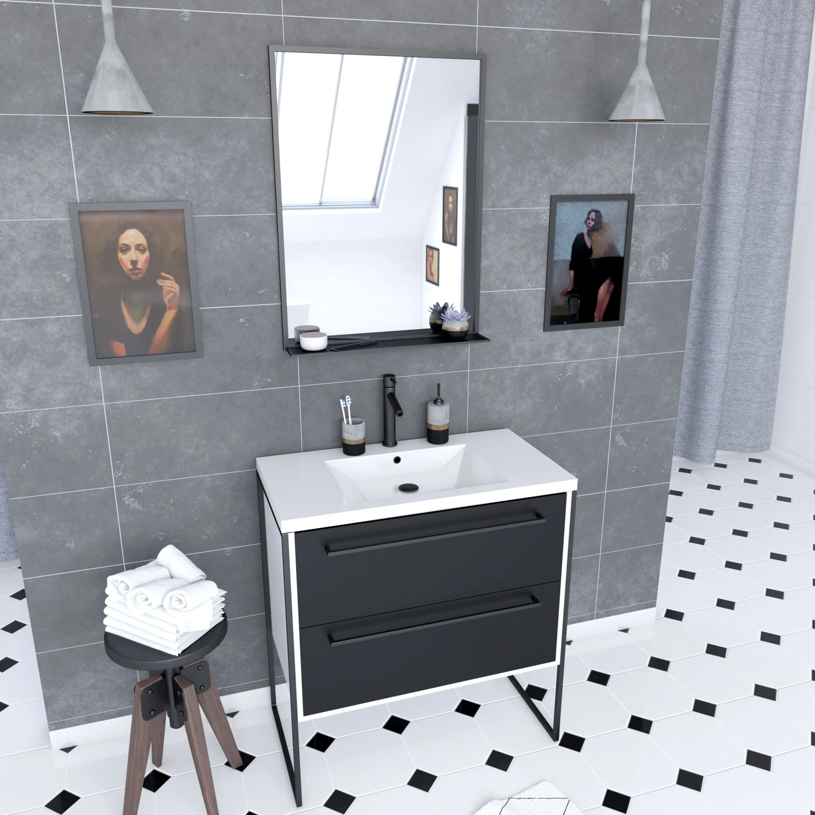 Pack meuble de salle de bain 80x50 Blanc - 2 tiroirs  + vasque resine blanche + miroir noir mat