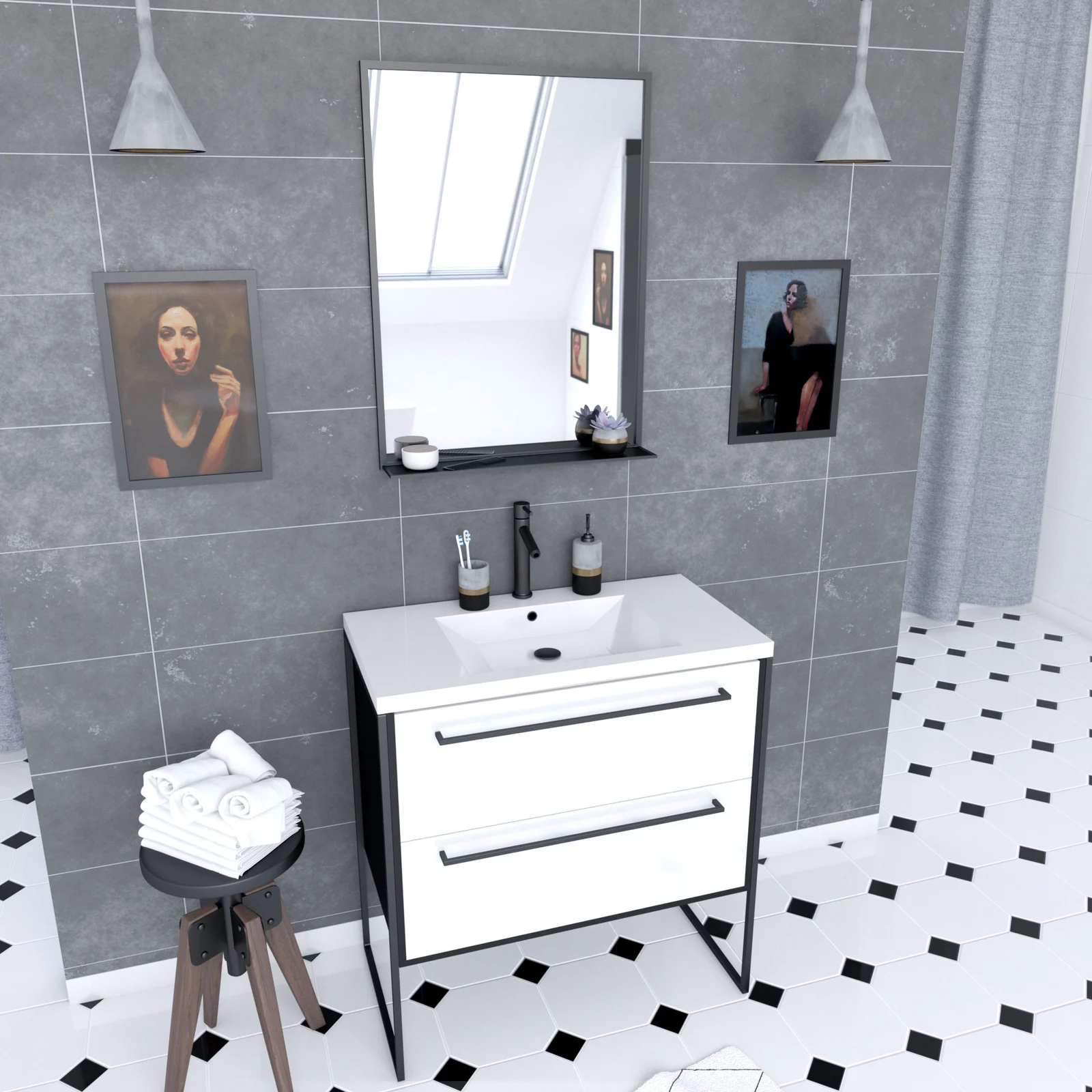Pack meuble de salle de bain 80x50 cm - 2 tiroirs blanc - vasque blanche + miroir noir mat Pack meuble de salle de bain 80x50 cm - 2 tiroirs blanc - vasque blanche + miroir noir mat