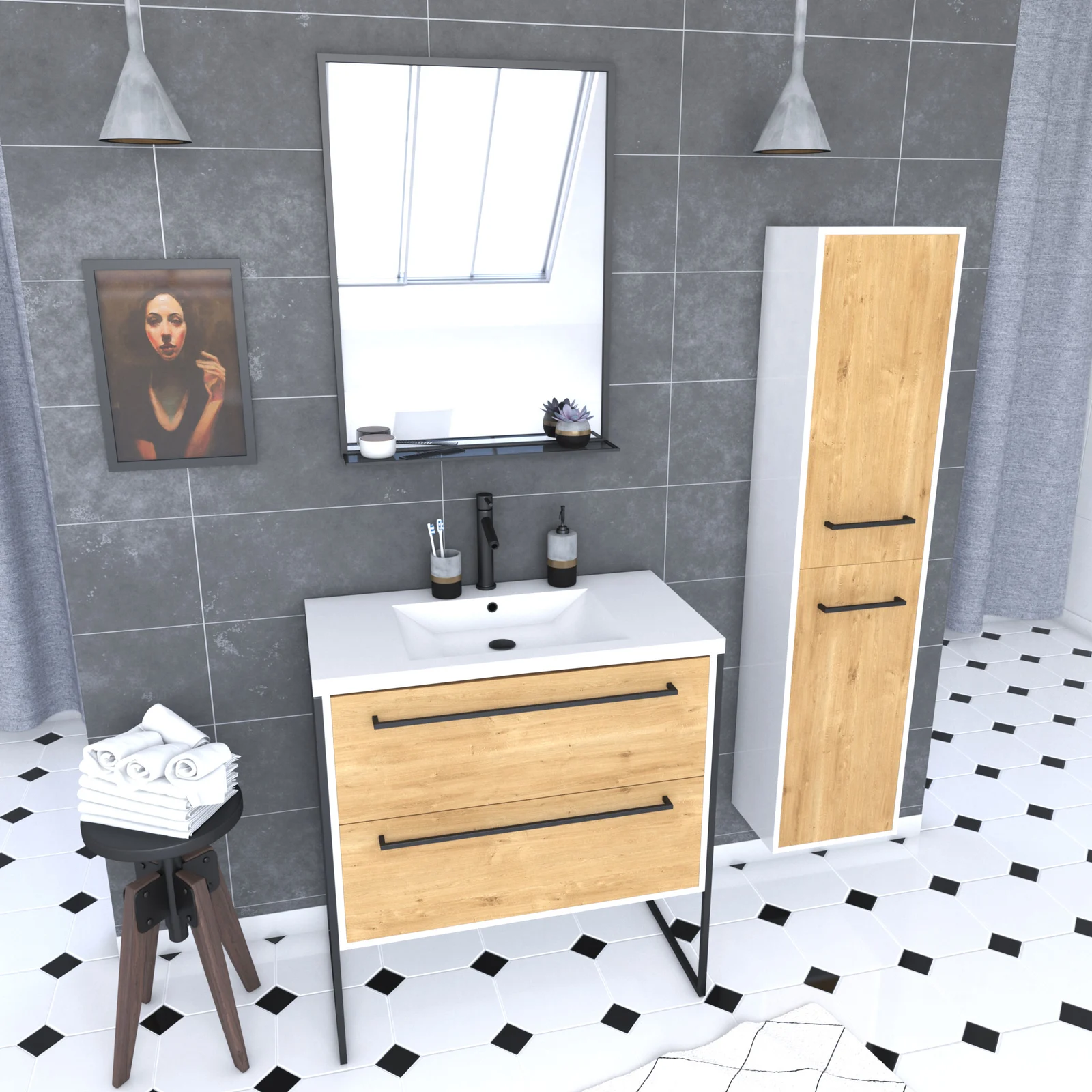 Pack meuble de salle de bain 80x50 cm - 2 tiroirs - vasque blanche + miroir noir mat + colonne Pack meuble de salle de bain 80x50 cm - 2 tiroirs - vasque blanche + miroir noir mat + colonne