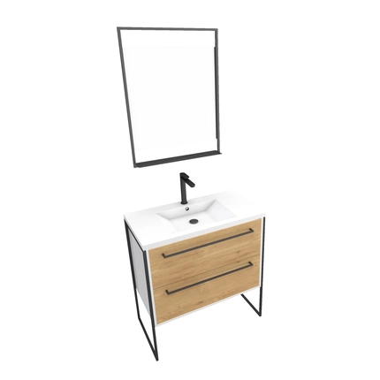 Pack meuble de salle de bain 80x50 cm Blanc - 2 tiroirs blanc - vasque blanche - miroir à led