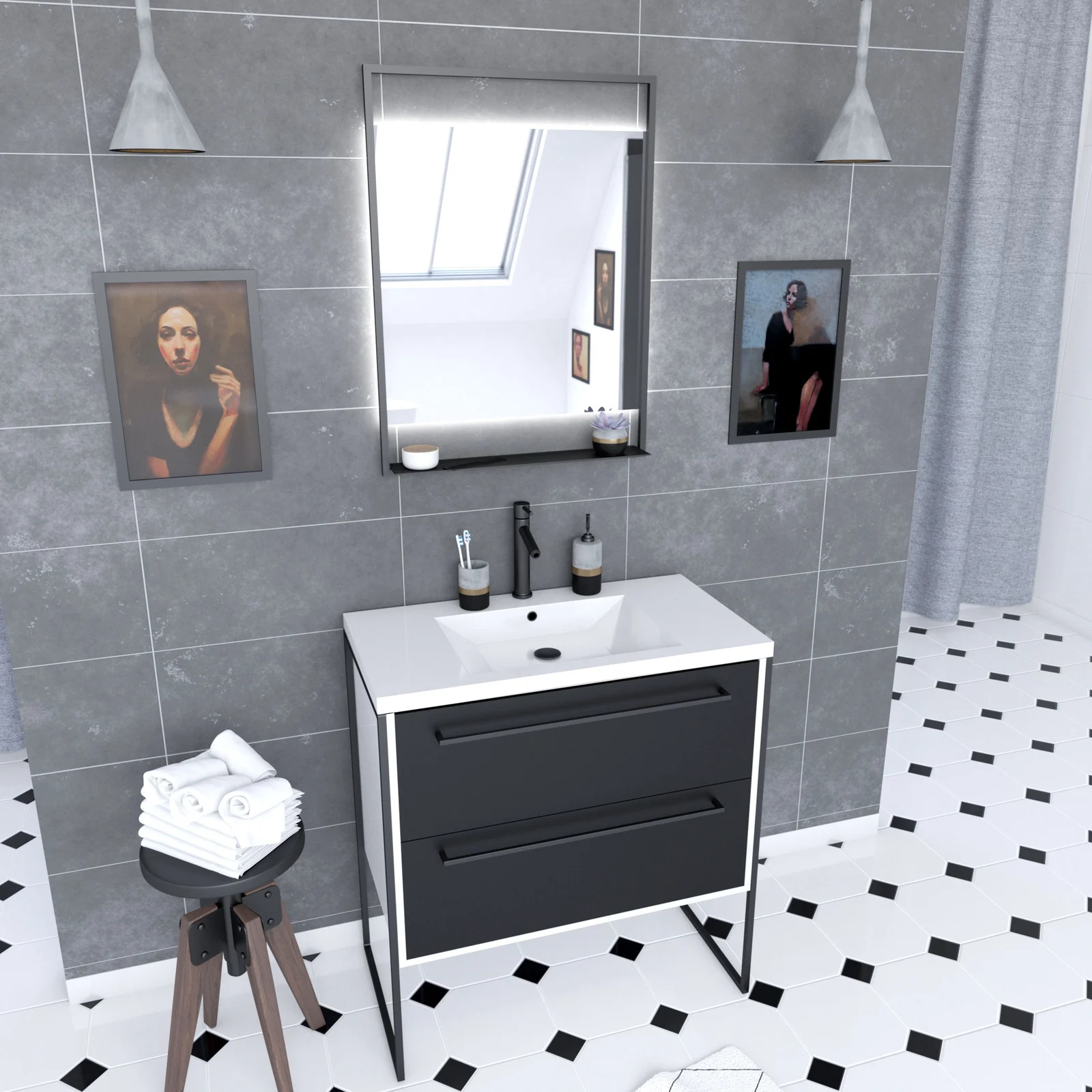 Pack meuble de salle de bain 80x50 cm Blanc - 2 tiroirs - vasque resine blanche - miroir LED