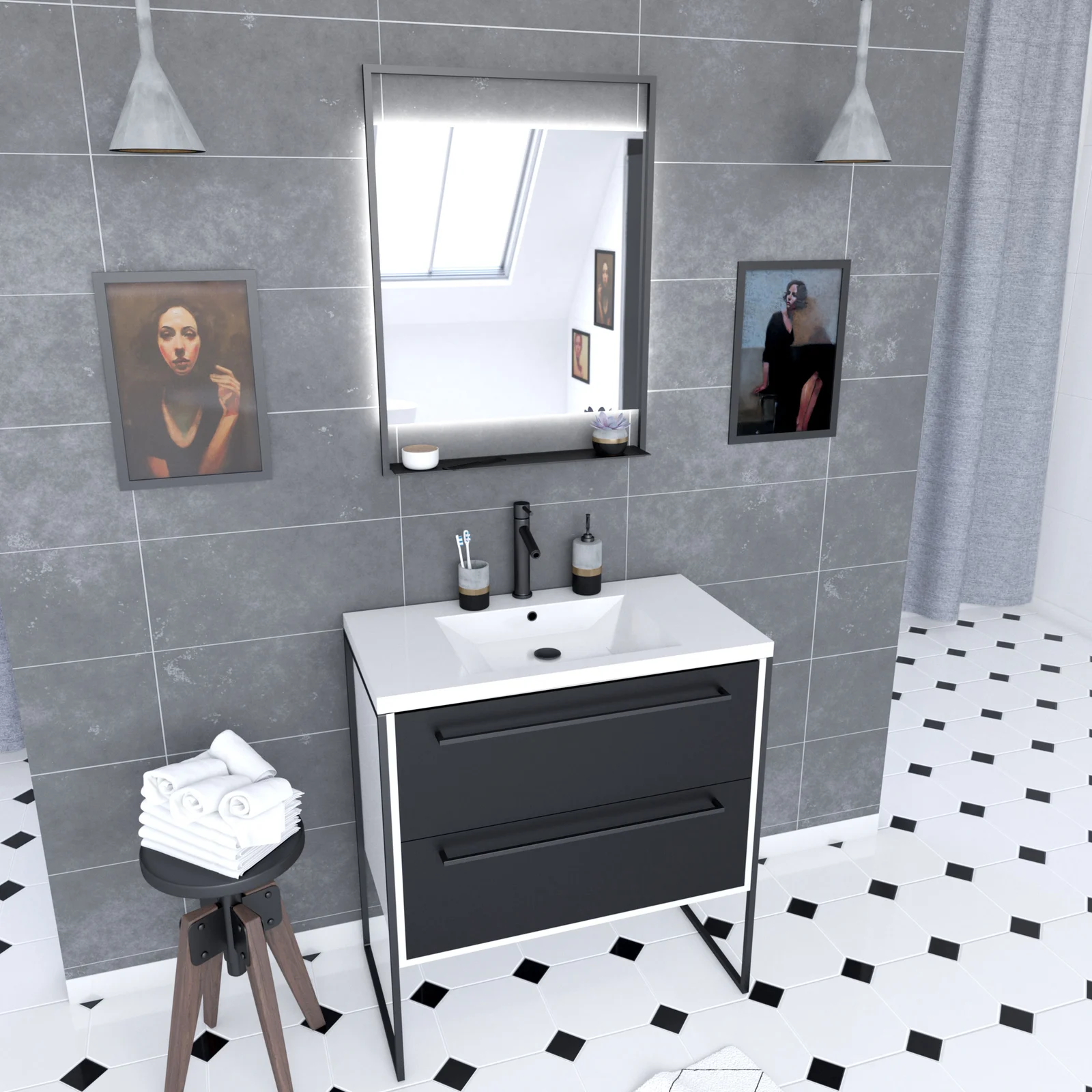 Pack meuble de salle de bain 80x50 cm Blanc - 2 tiroirs - vasque resine blanche - miroir LED Pack meuble de salle de bain 80x50 cm Blanc - 2 tiroirs - vasque resine blanche - miroir LED