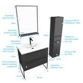 Pack meuble de salle de bain 80x50 cm Noir - 2 tiroirs - vasque blanche - miroir - colonne suspendu