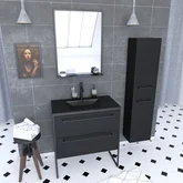 Pack meuble de salle de bain 80x50 cm Noir - 2 tiroirs - vasque noire - miroir - colonne suspendu