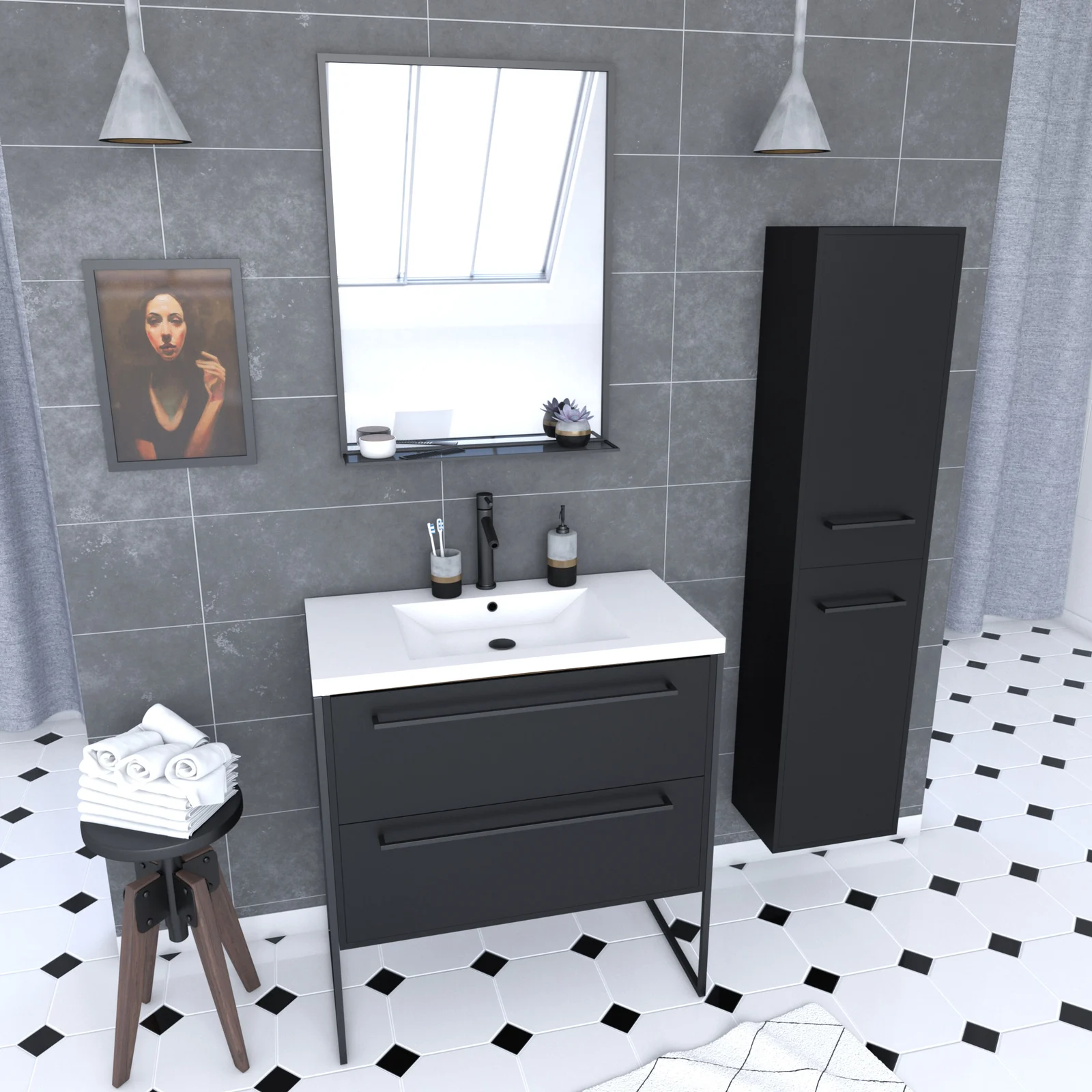Pack meuble de salle de bain 80x50 cm Noir - 2 tiroirs - vasque blanche - miroir - colonne suspendu