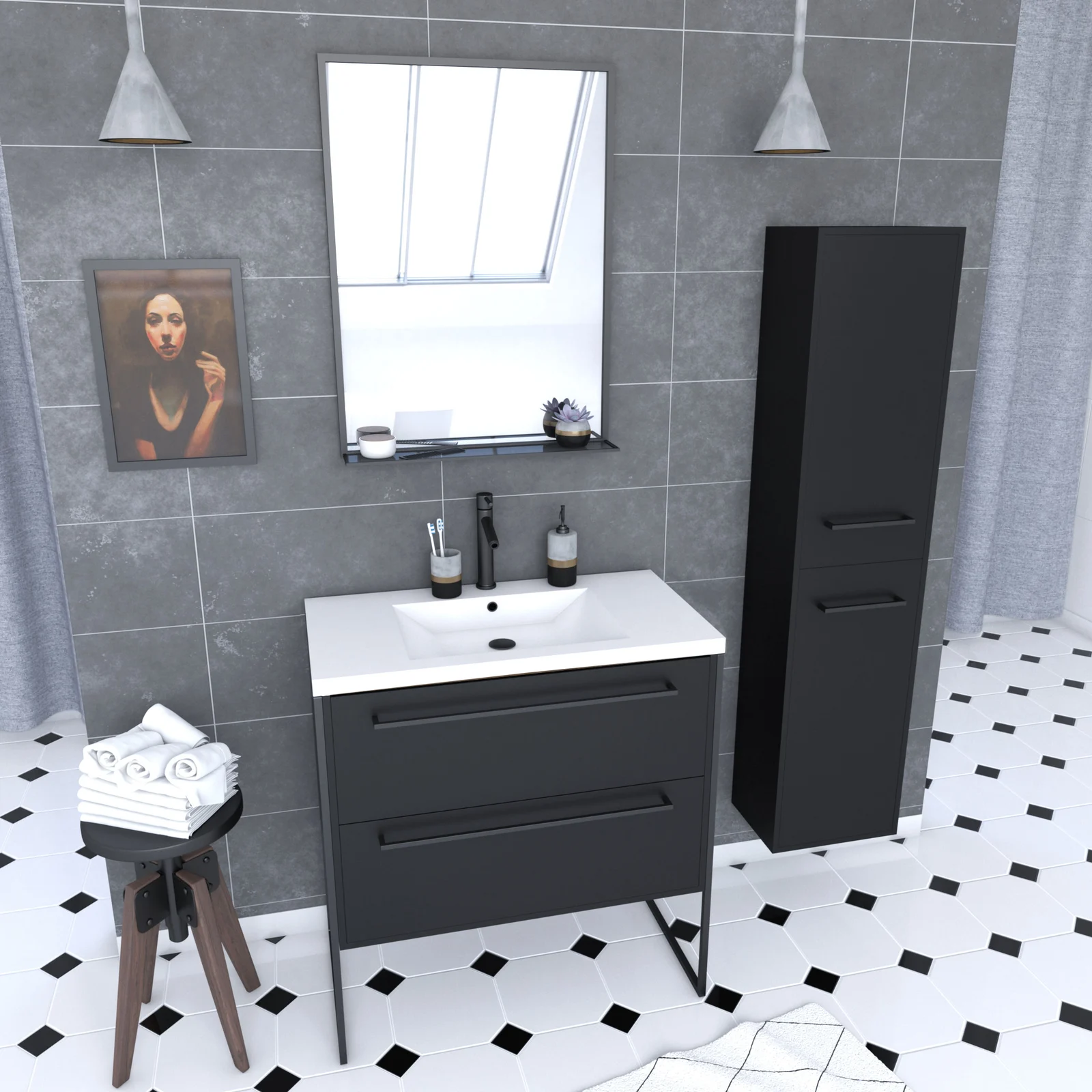 Pack meuble de salle de bain 80x50 cm Noir - 2 tiroirs - vasque blanche - miroir - colonne suspendu Pack meuble de salle de bain 80x50 cm Noir - 2 tiroirs - vasque blanche - miroir - colonne suspendu
