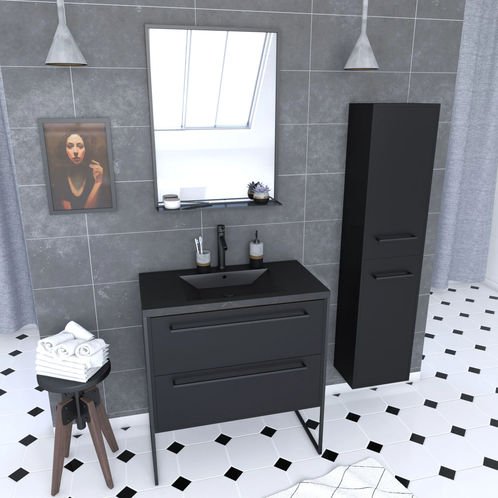 Pack meuble de salle de bain 80x50 cm Noir - 2 tiroirs - vasque noire - miroir - colonne suspendu Pack meuble de salle de bain 80x50 cm Noir - 2 tiroirs - vasque noire - miroir - colonne suspendu