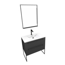 Pack Meuble de salle de bain 80x50 cm NOIR MAT - 2 tiroirs Noir mat - vasque blanche + miroir LED