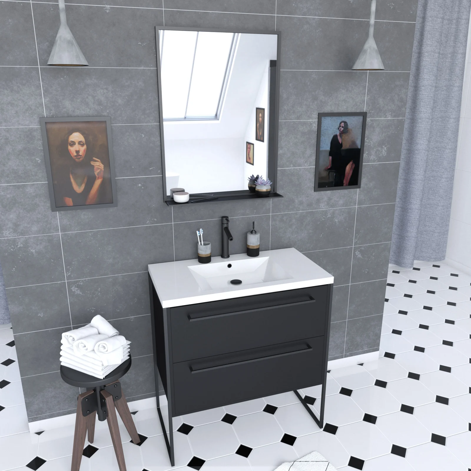 Pack Meuble de salle de bain 80x50 cm NOIR MAT - 2 tiroirs Noir mat - vasque blanche + miroir Pack Meuble de salle de bain 80x50 cm NOIR MAT - 2 tiroirs Noir mat - vasque blanche + miroir