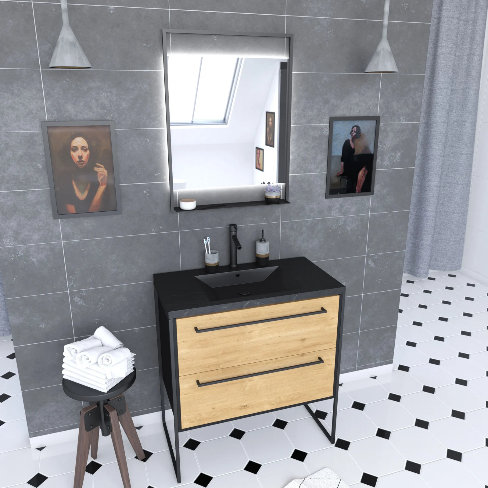 Pack meuble de salle de bain 80x50 cm Noir MAT - 2 tiroirs - vasque noir effet pierre - miroir LED Pack meuble de salle de bain 80x50 cm Noir MAT - 2 tiroirs - vasque noir effet pierre - miroir LED