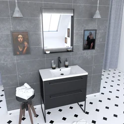 Pack Meuble de salle de bain 80x50 cm NOIR MAT - 2 tiroirs Noir mat - vasque blanche + miroir LED