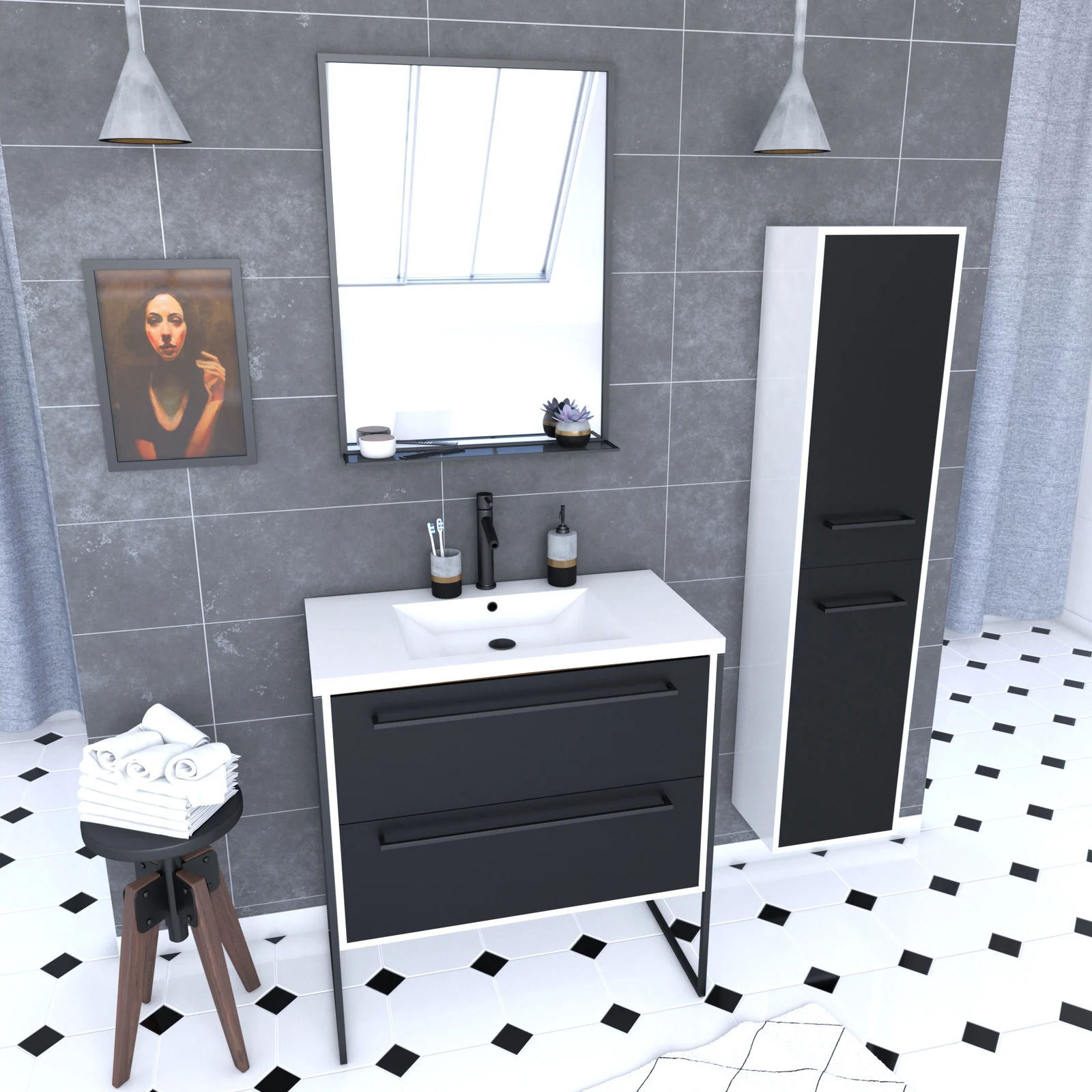 Pack meuble de salle de bain 80x50 cm NOIR - vasque résine blanche + miroir noir mat + colonne