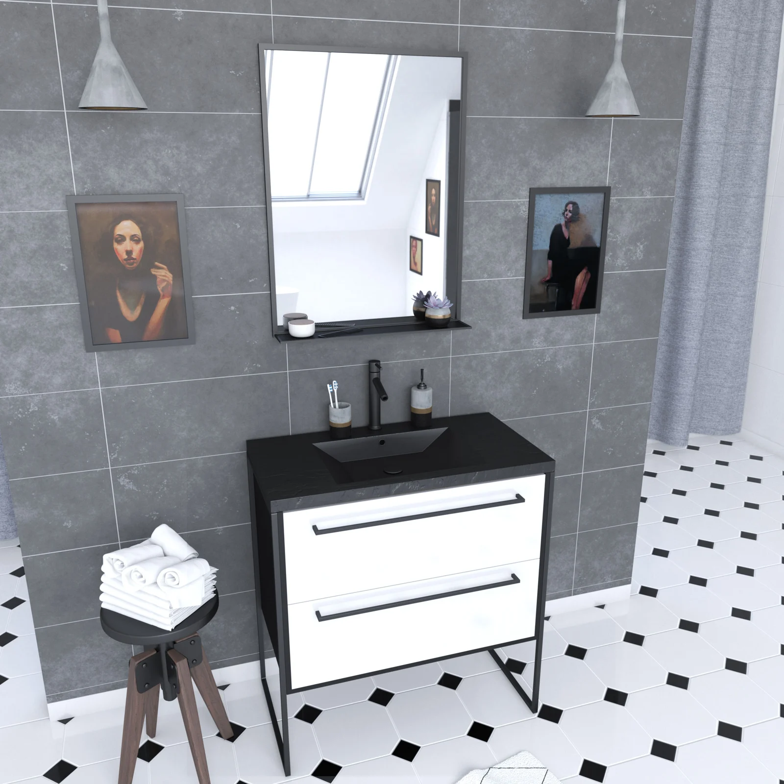 Pack Meuble de salle de bain 80x50cm - 2 tiroirs BLANC - vasque résine noire effet pierre - miroir Pack Meuble de salle de bain 80x50cm - 2 tiroirs BLANC - vasque résine noire effet pierre - miroir