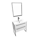 Pack meuble de salle de bain 80x50cm Blanc - 2 tiroirs - vasque blanche et miroir noir mat