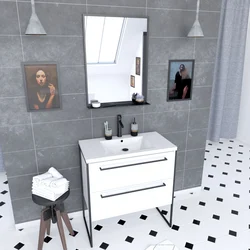 Pack meuble de salle de bain 80x50cm Blanc - 2 tiroirs blanc - vasque blanche + miroir noir mat