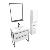 Pack meuble de salle de bain 80x50cm Blanc - 2 tiroirs blanc - vasque blanche + miroir noir mat