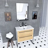 Pack meuble de salle de bain 80x50cm Blanc - 2 tiroirs blanc - vasque blanche + miroir noir mat