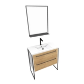 Pack meuble de salle de bain 80x50cm Blanc - 2 tiroirs blanc - vasque blanche + miroir noir mat