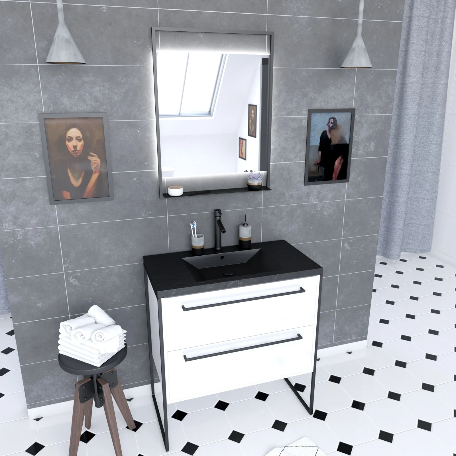 Pack meuble de salle de bain 80x50cm Blanc - 2 tiroirs - vasque resine noire effet pierre - miroir Pack meuble de salle de bain 80x50cm Blanc - 2 tiroirs - vasque resine noire effet pierre - miroir