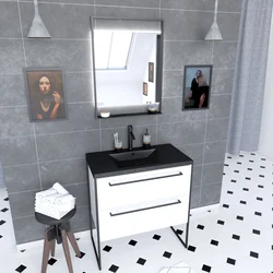 Pack meuble de salle de bain 80x50cm Blanc - 2 tiroirs - vasque resine noire effet pierre - miroir